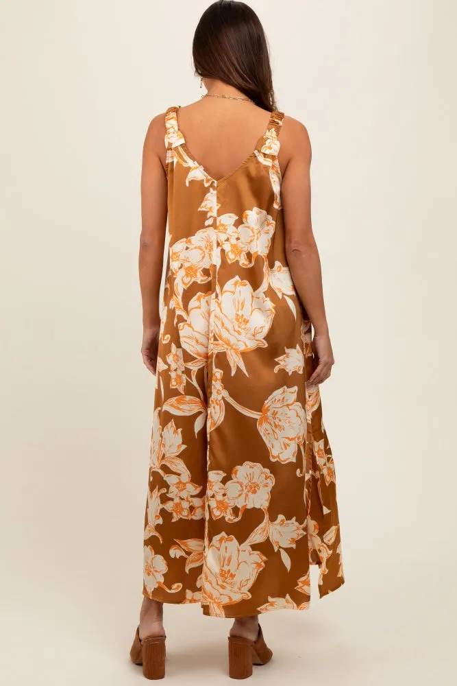 Mocha Floral Ruched Strap V-Neck Maternity Midi Dress sold by Pinkblush product image thumbnail 3