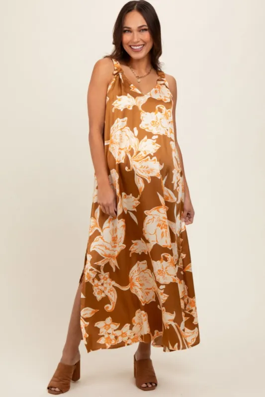 Mocha Floral Ruched Strap V-Neck Maternity Midi Dress sold by Pinkblush