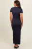 Navy Mock Neck Front Slit Short Sleeve Maternity Maxi Dress sold by Pinkblush