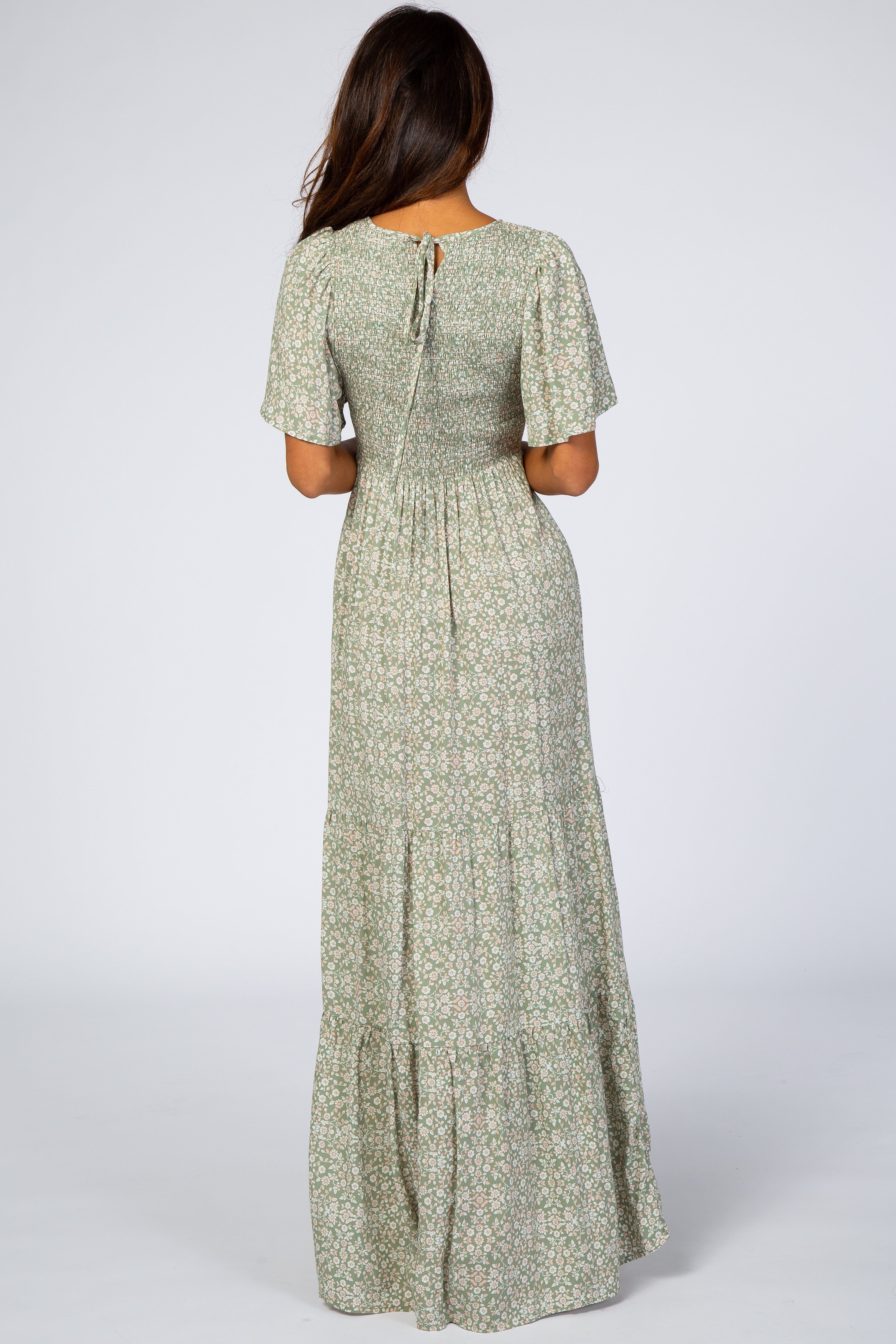 Light Olive Floral Smocked Front Pleated Hem Maxi Dress sold by Pinkblush product image thumbnail 3