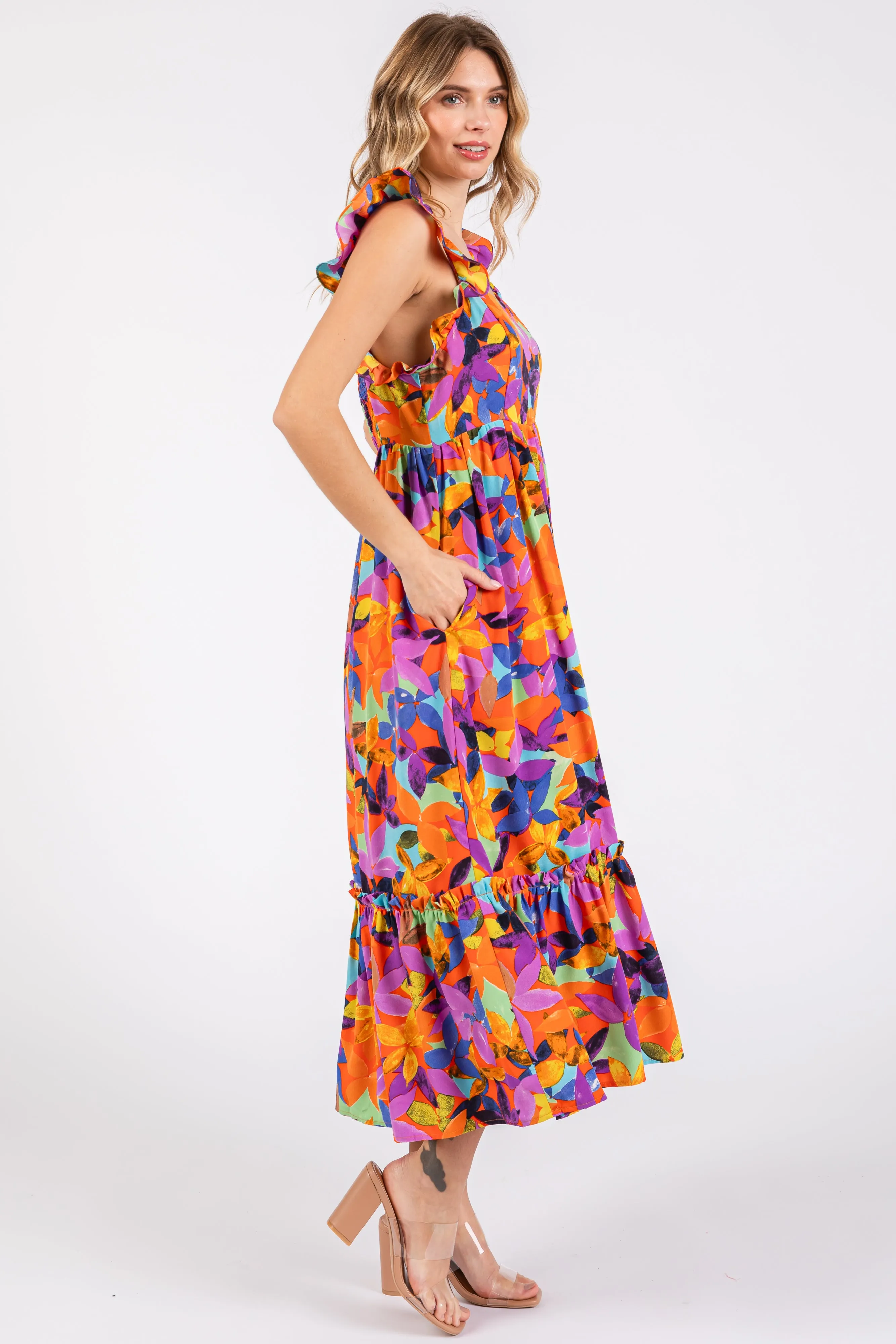 Orange Floral Satin Square Neck Ruffle Strap Midi Dress sold by Pinkblush product image thumbnail 2