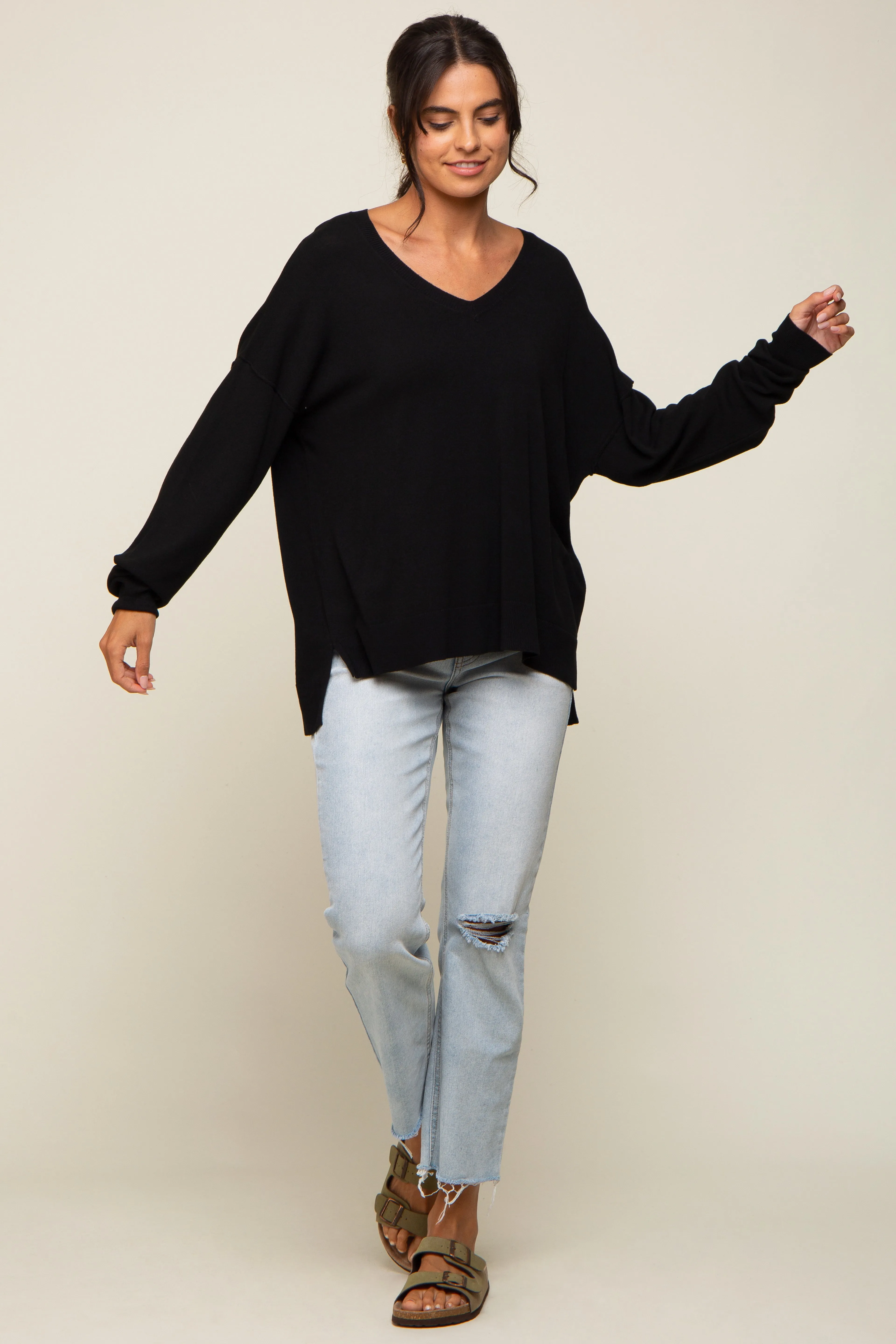 Black Knit V-Neck Long Sleeve Top sold by Pinkblush product image thumbnail 4