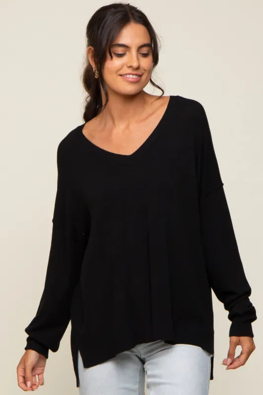 Black Knit V-Neck Long Sleeve Top sold by Pinkblush