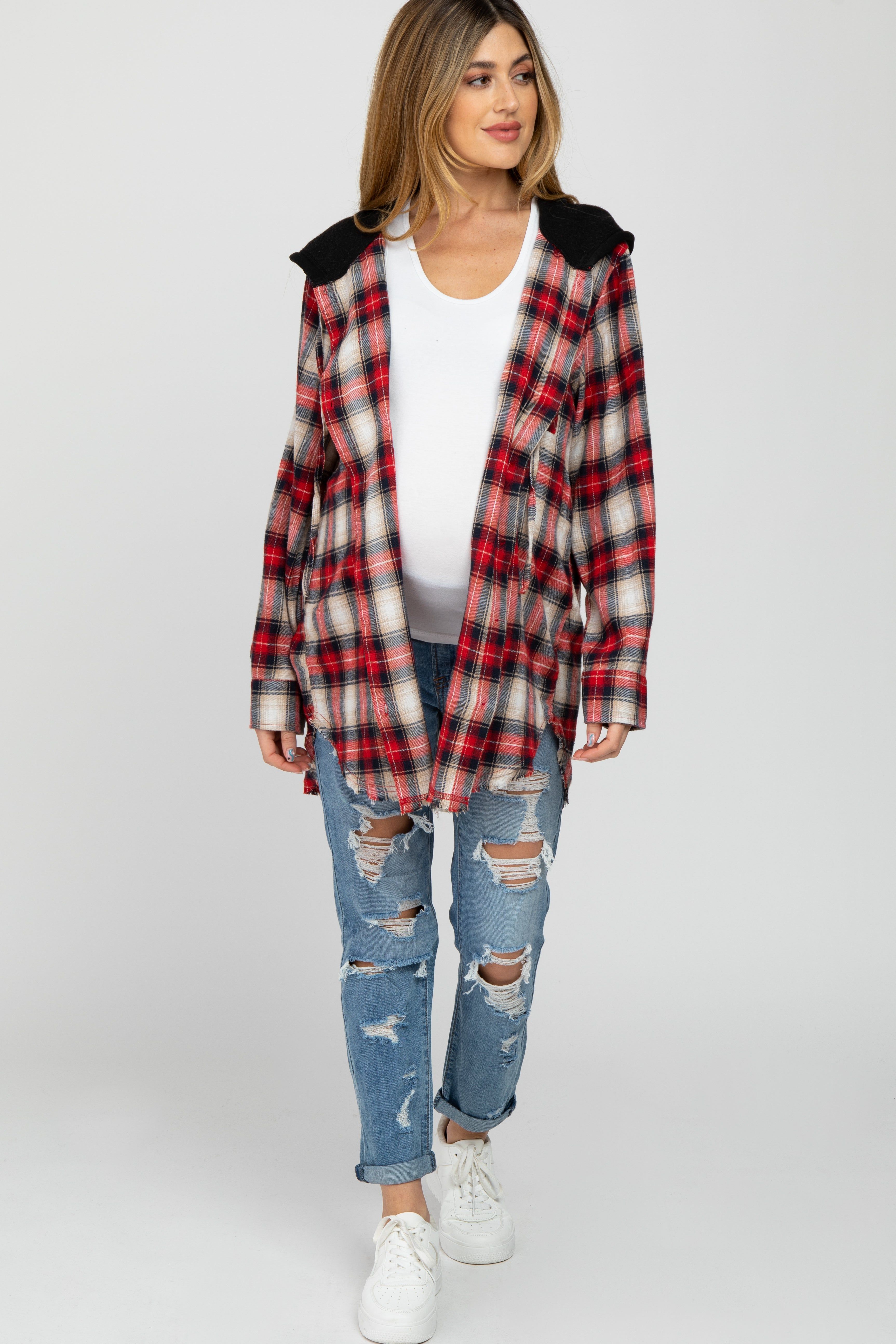 Red Plaid Button Front Fringe Hem Hooded Maternity Top sold by Pinkblush product image thumbnail 2
