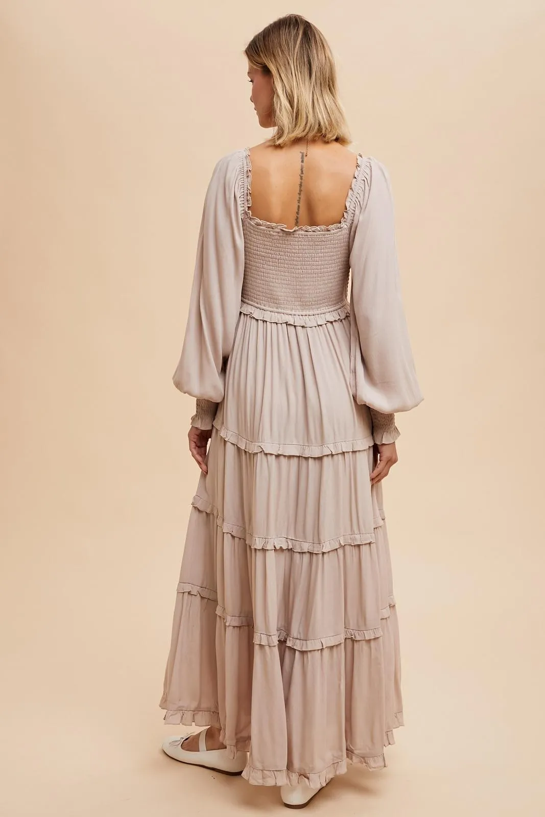 Beige Smocked Long Sleeve Ruffle Tiered Maxi Dress sold by Pinkblush product image thumbnail 3