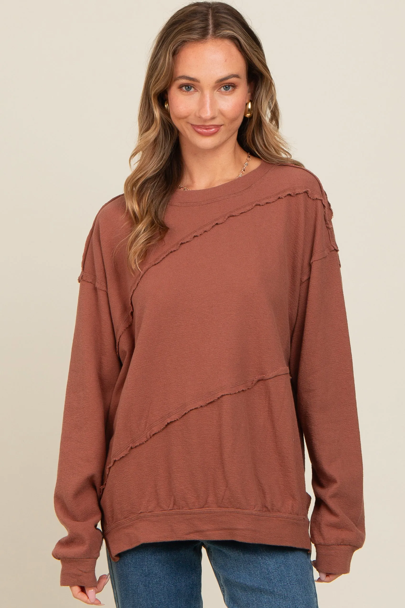 Brown Exposed Seam Dolman Sleeve Sweatshirt sold by Pinkblush product image thumbnail 2