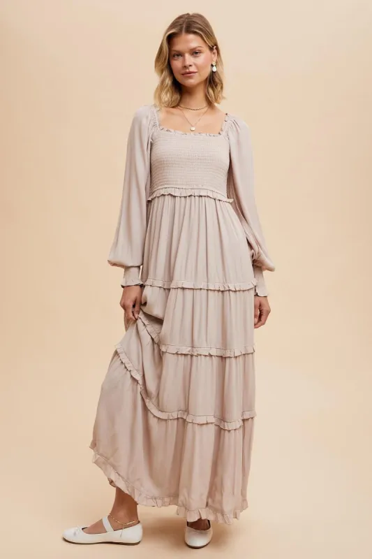 Beige Smocked Long Sleeve Ruffle Tiered Maxi Dress sold by Pinkblush