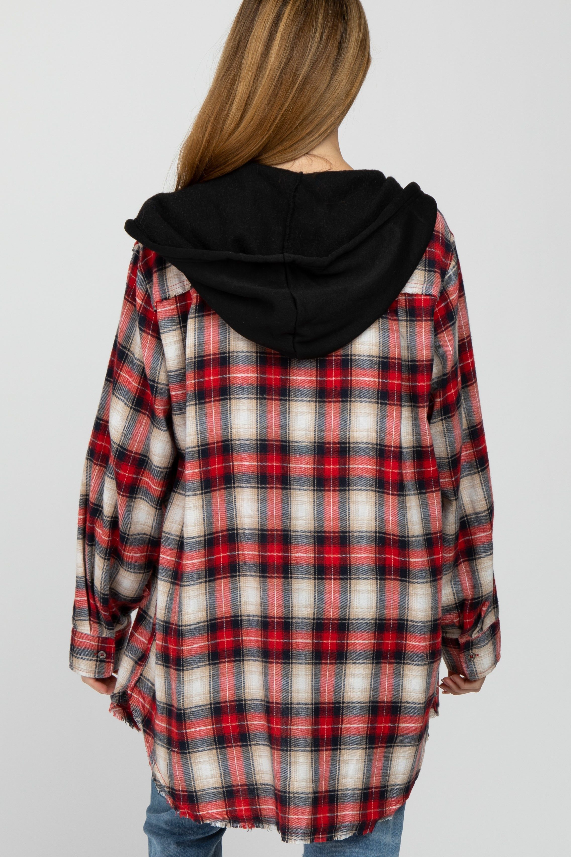 Red Plaid Button Front Fringe Hem Hooded Maternity Top sold by Pinkblush product image thumbnail 4