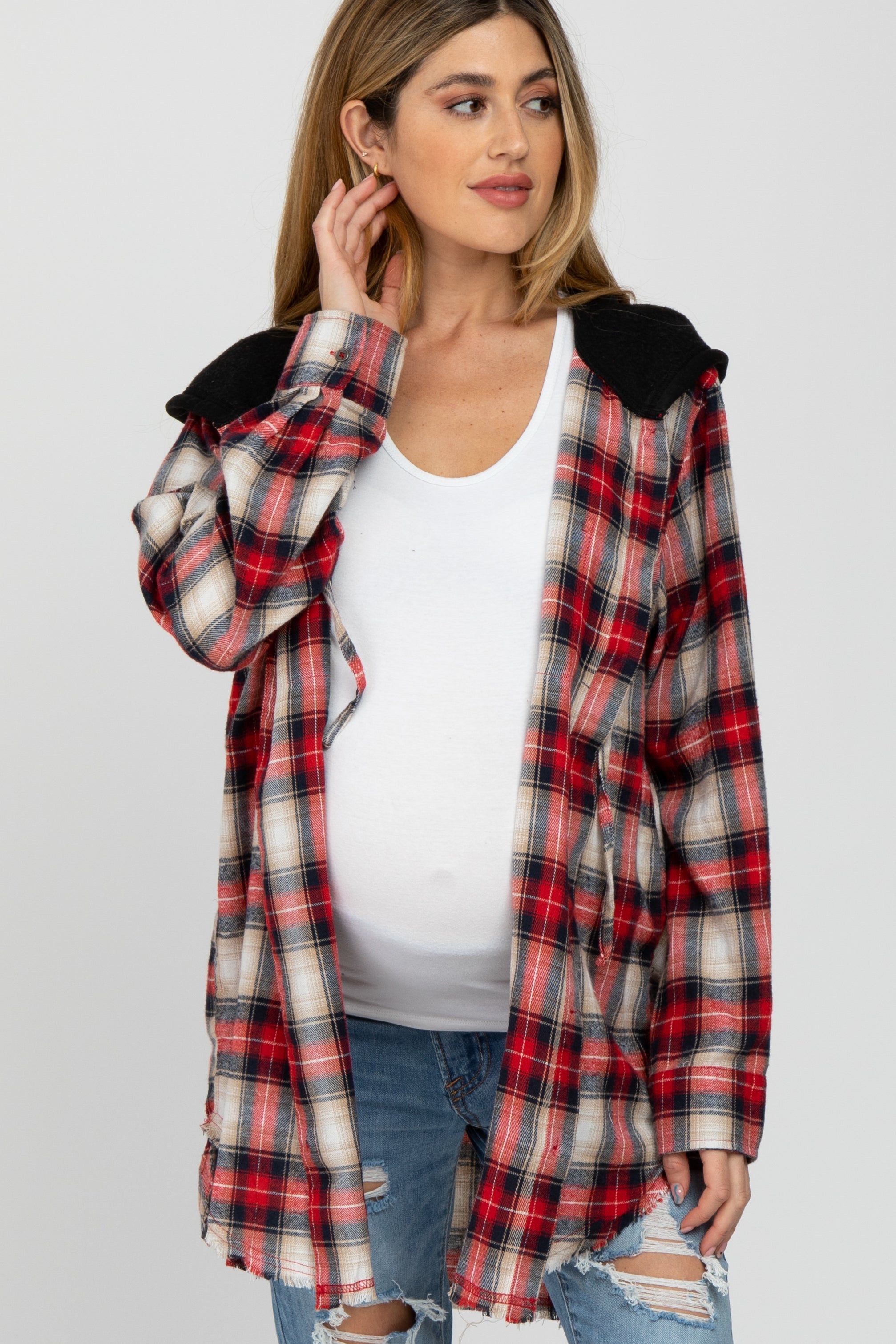 Red Plaid Button Front Fringe Hem Hooded Maternity Top sold by Pinkblush