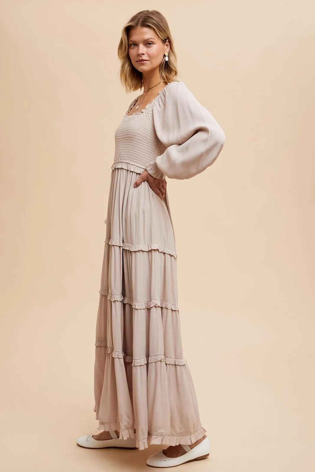 Beige Smocked Long Sleeve Ruffle Tiered Maxi Dress sold by Pinkblush product image thumbnail 2