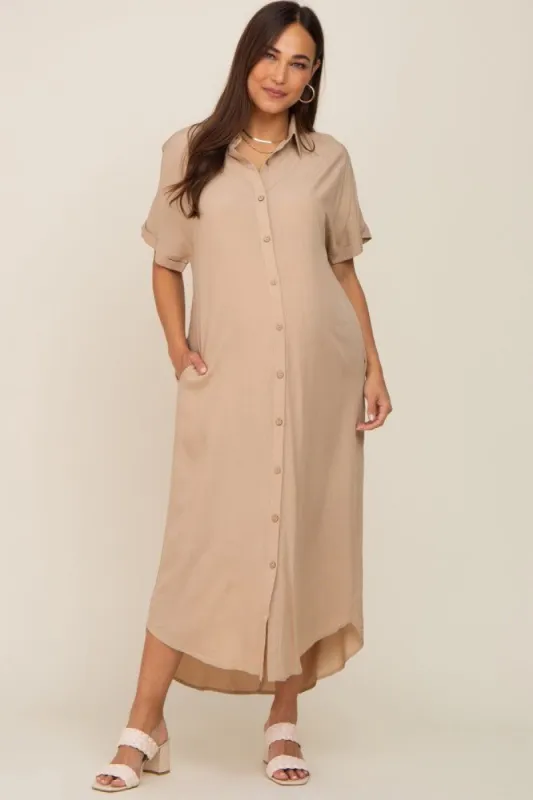 Taupe Button Down Maternity Midi Dress sold by Pinkblush