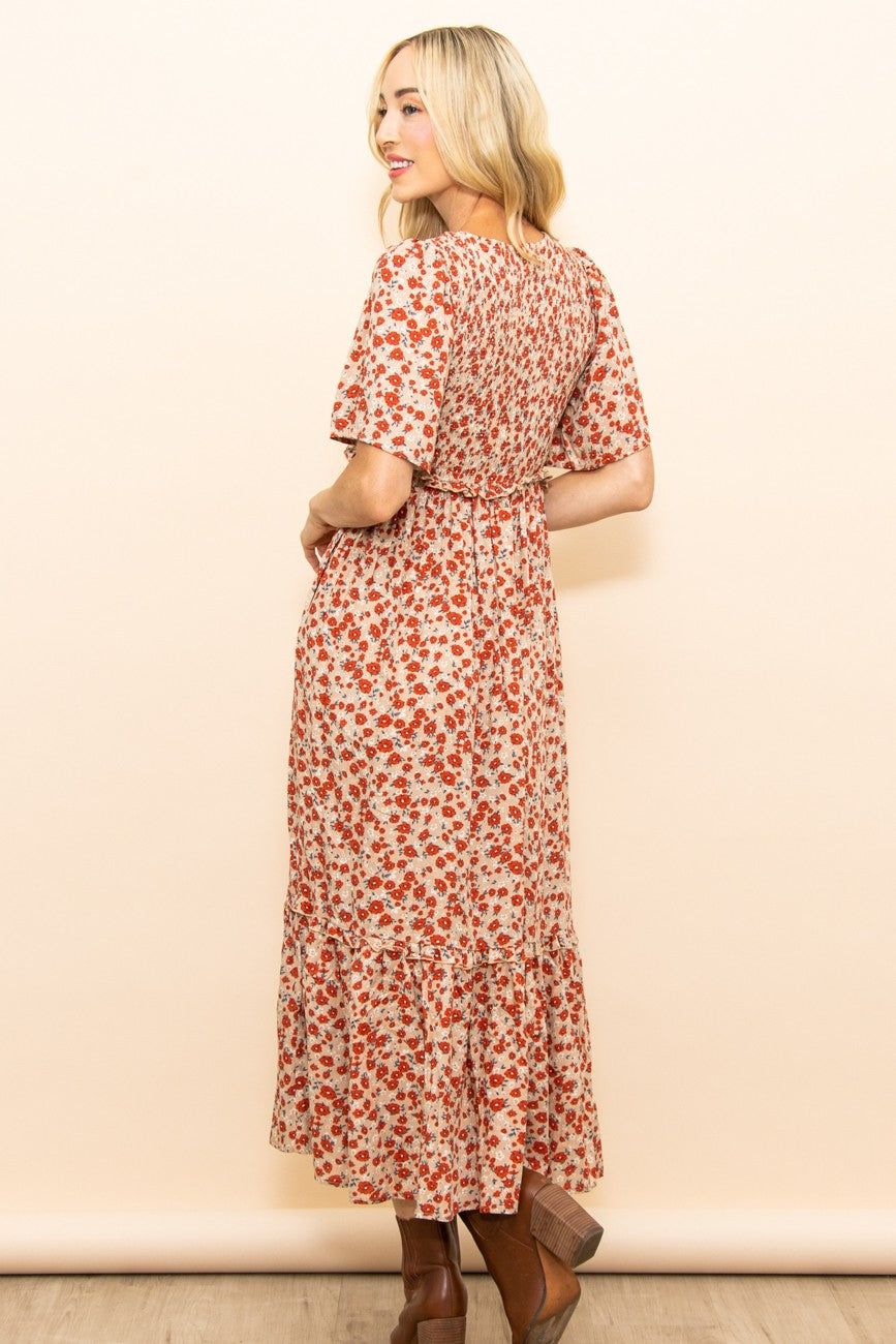 Beige Floral Smocked Flutter Short Sleeve Midi Dress sold by Pinkblush product image thumbnail 4