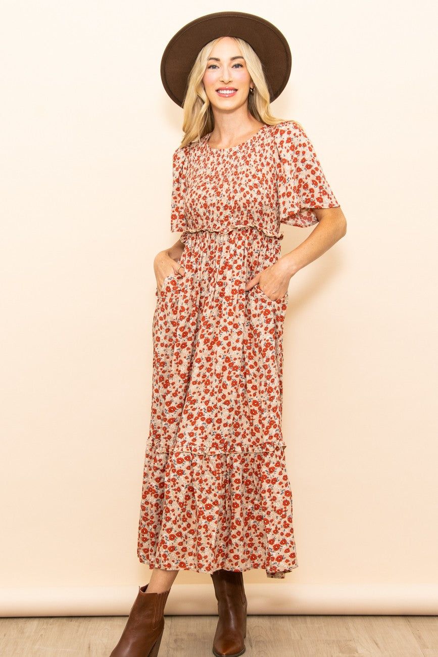 Beige Floral Smocked Flutter Short Sleeve Midi Dress sold by Pinkblush