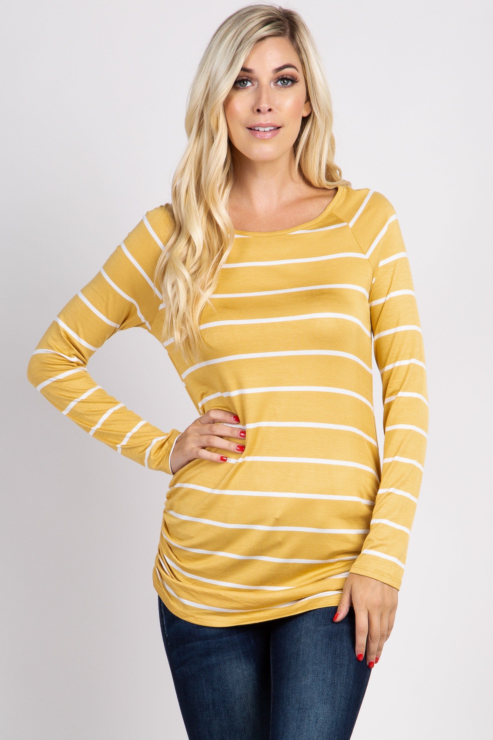 Mustard Striped Ruched Top sold by Pinkblush