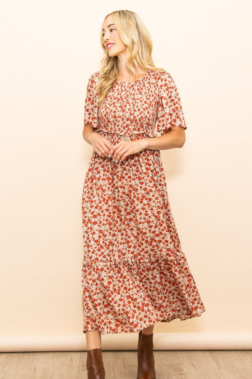 Beige Floral Smocked Flutter Short Sleeve Midi Dress sold by Pinkblush product image thumbnail 2