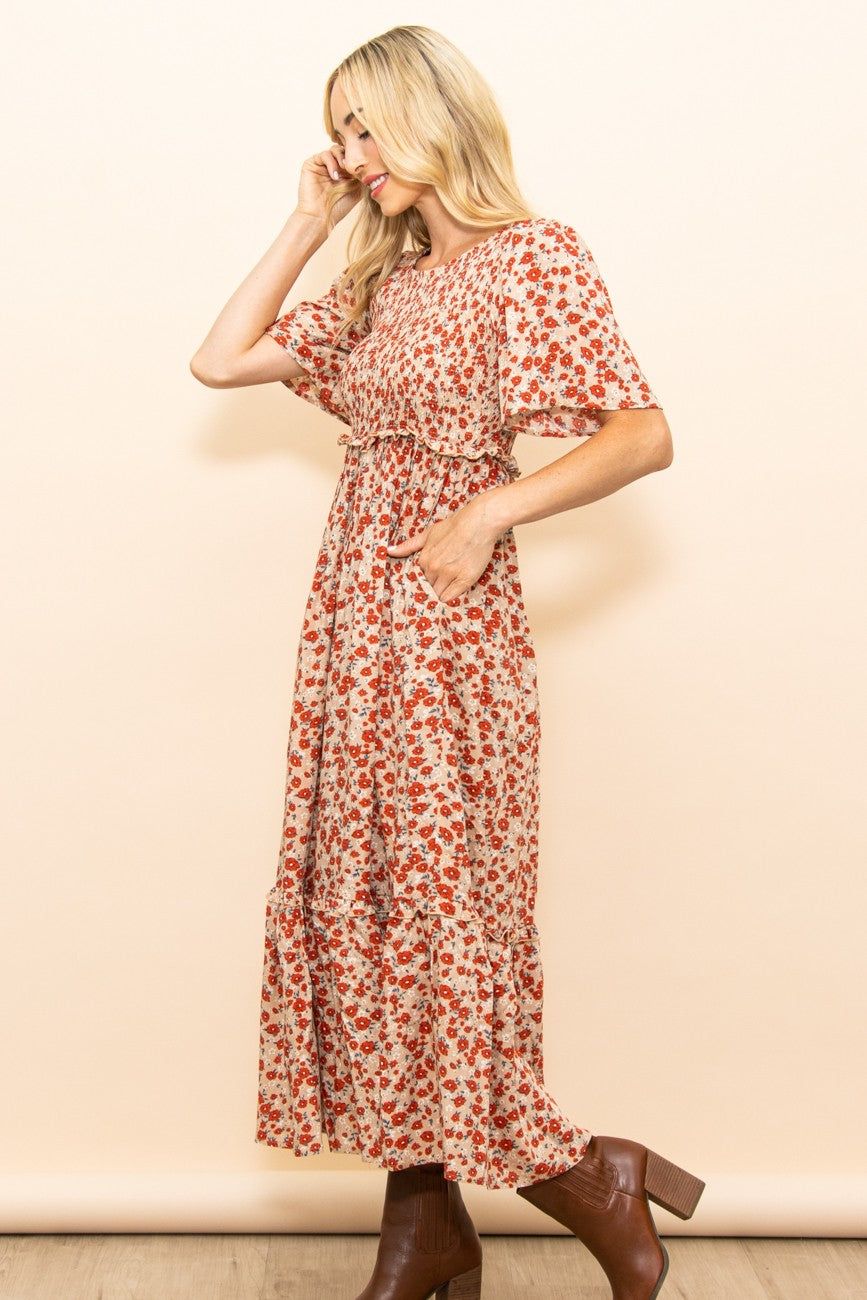 Beige Floral Smocked Flutter Short Sleeve Midi Dress sold by Pinkblush product image thumbnail 3