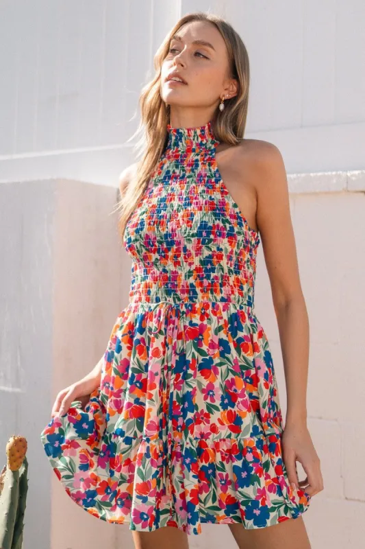 Multi Smock Turtle Halter Top Mini Dress sold by Pinkblush