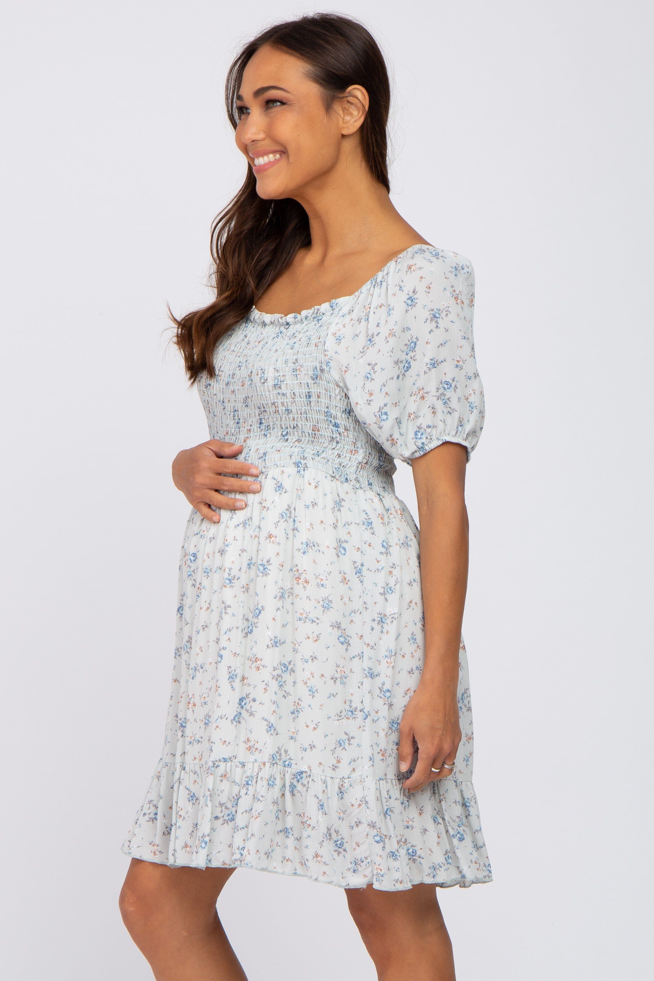 Light Blue Floral Smocked Maternity Mini Dress sold by Pinkblush product image thumbnail 2