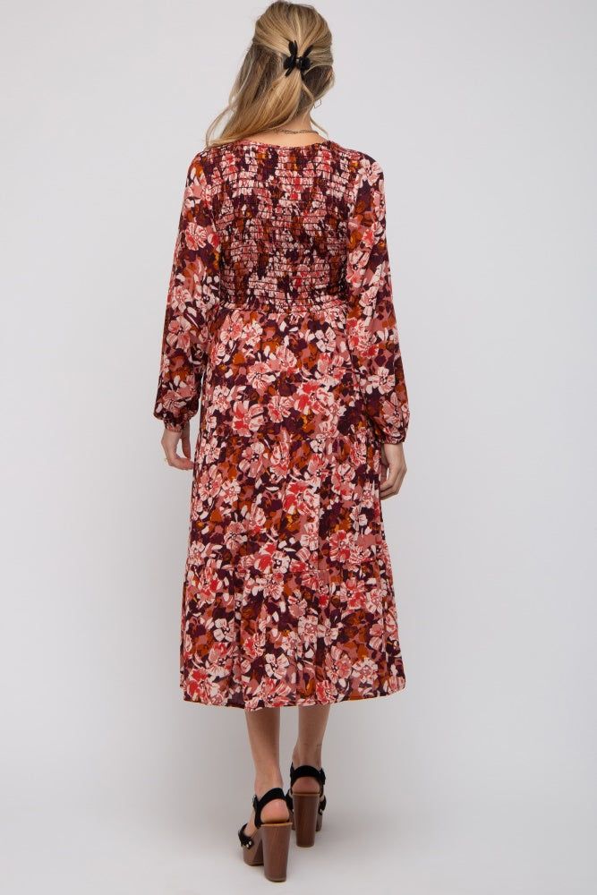 Burgundy Floral Tiered Maternity Long Sleeve Midi Dress sold by Pinkblush product image thumbnail 4
