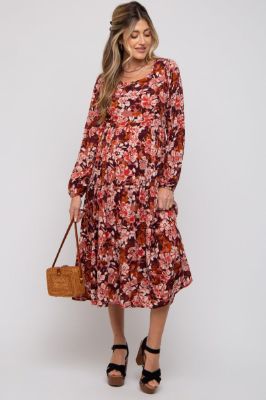 Burgundy Floral Tiered Maternity Long Sleeve Midi Dress sold by Pinkblush