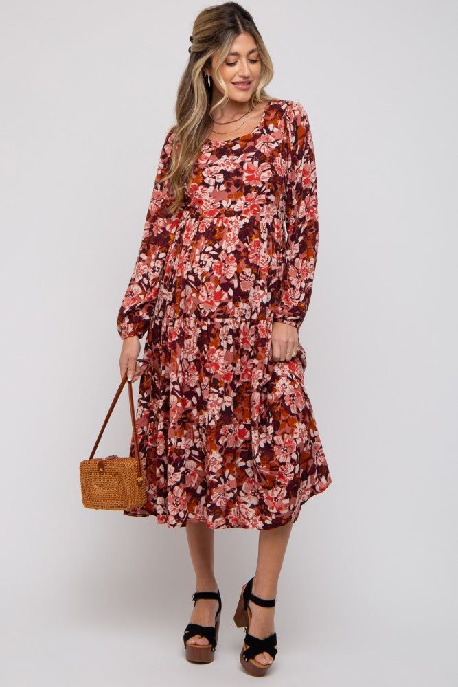 Burgundy Floral Tiered Maternity Long Sleeve Midi Dress sold by Pinkblush