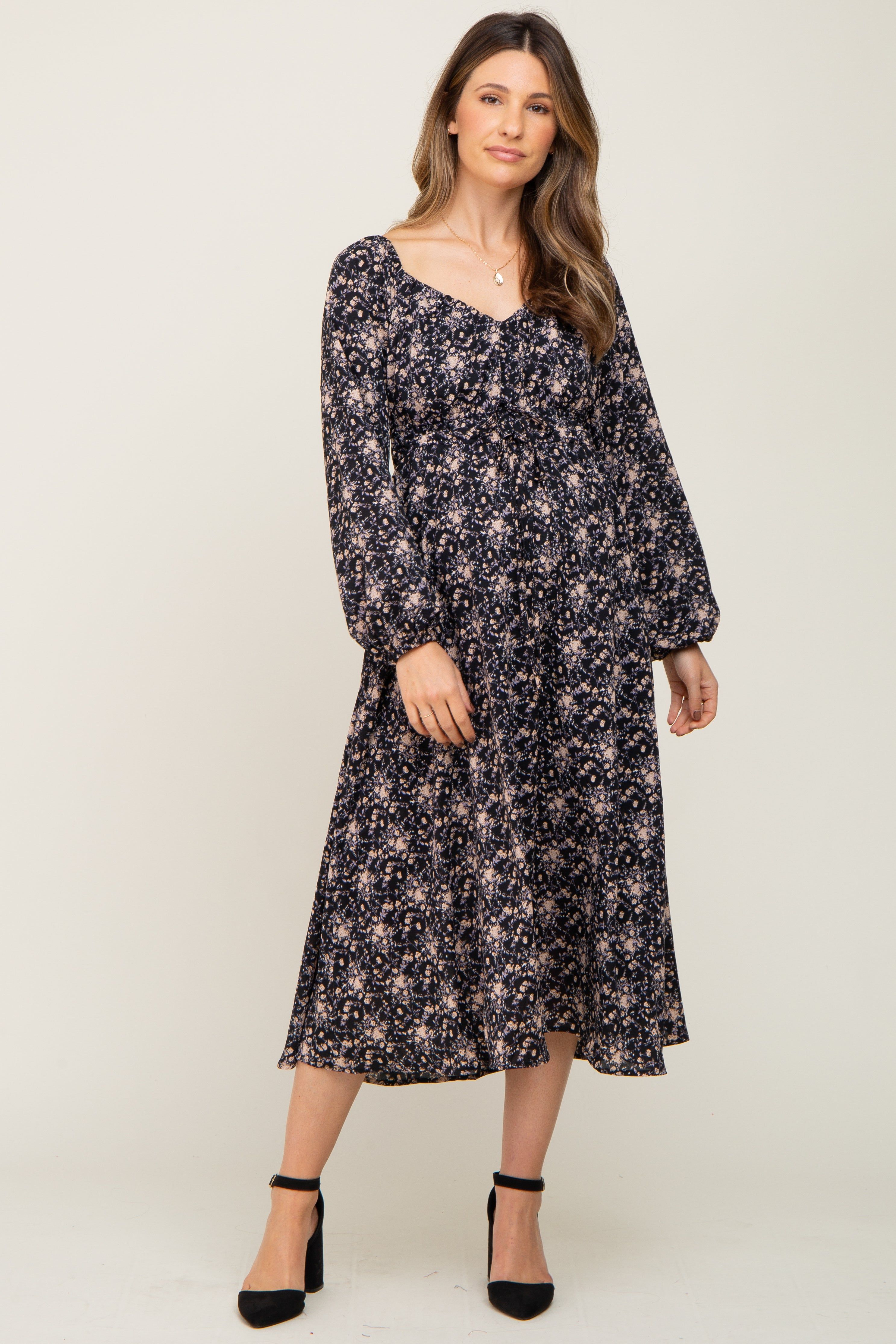 Black Cinched Tie Waist Maternity Midi Dress sold by Pinkblush product image thumbnail 5