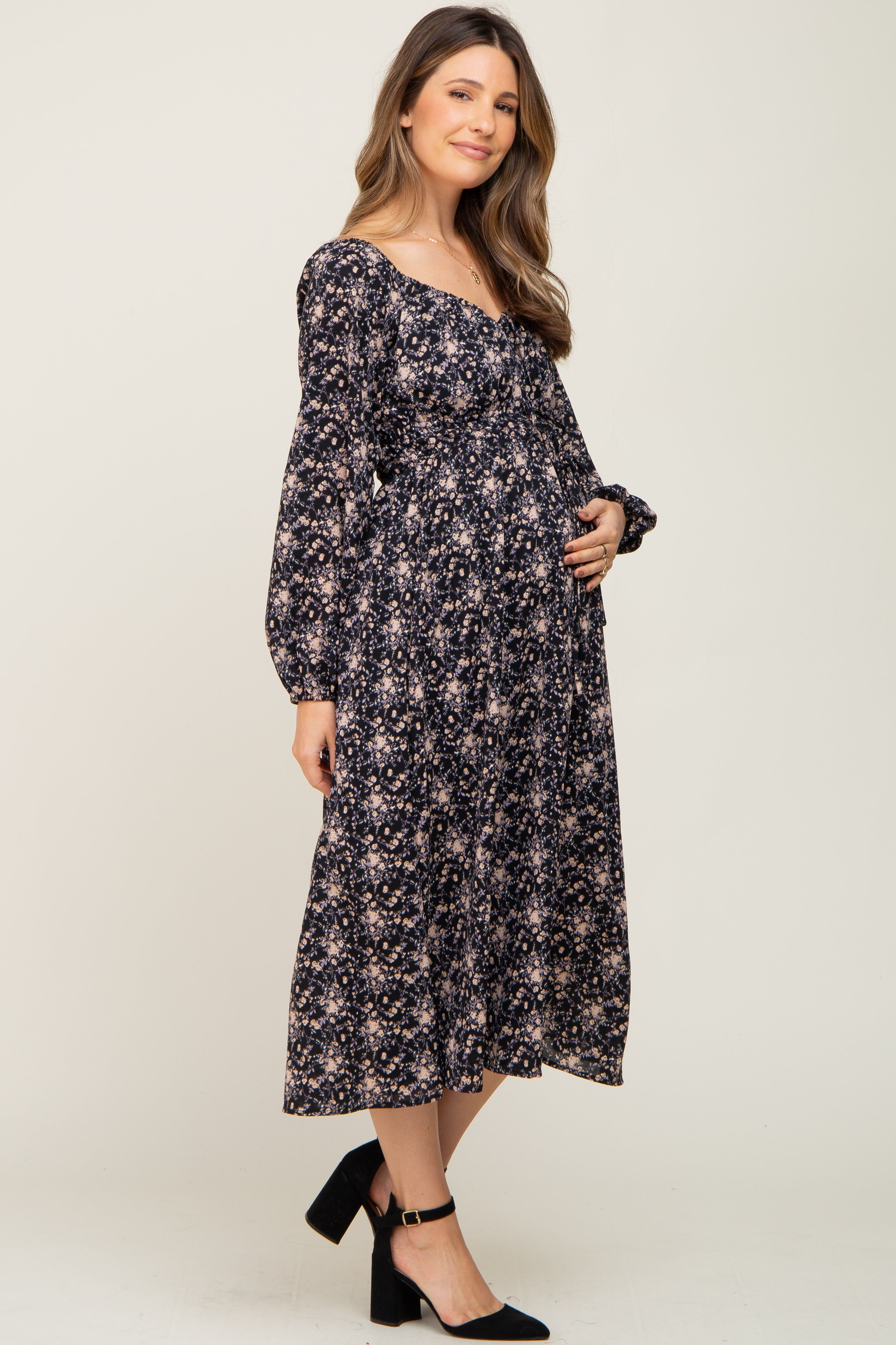 Black Cinched Tie Waist Maternity Midi Dress sold by Pinkblush product image thumbnail 2
