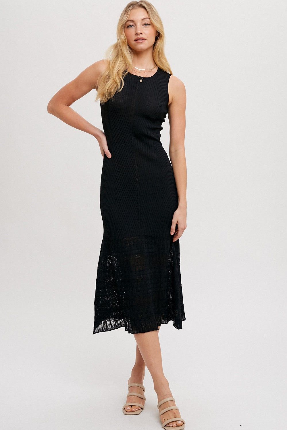Black Sleeveless Knit Mermaid Midi Dress sold by Pinkblush