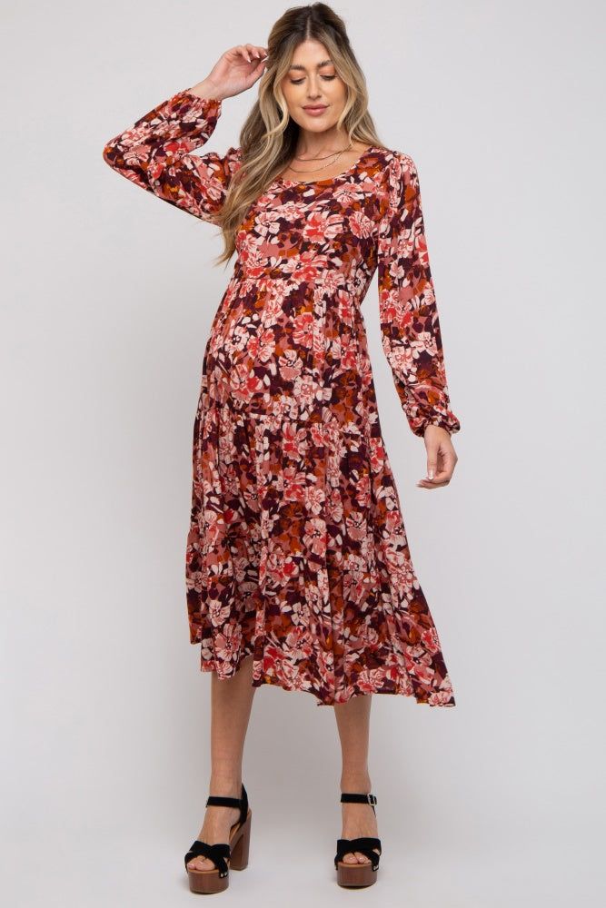 Burgundy Floral Tiered Maternity Long Sleeve Midi Dress sold by Pinkblush product image thumbnail 5