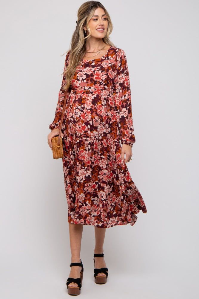 Burgundy Floral Tiered Maternity Long Sleeve Midi Dress sold by Pinkblush product image thumbnail 2