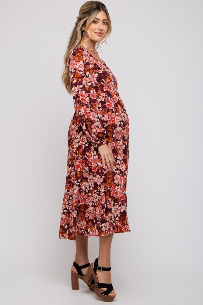 Burgundy Floral Tiered Maternity Long Sleeve Midi Dress sold by Pinkblush product image thumbnail 3