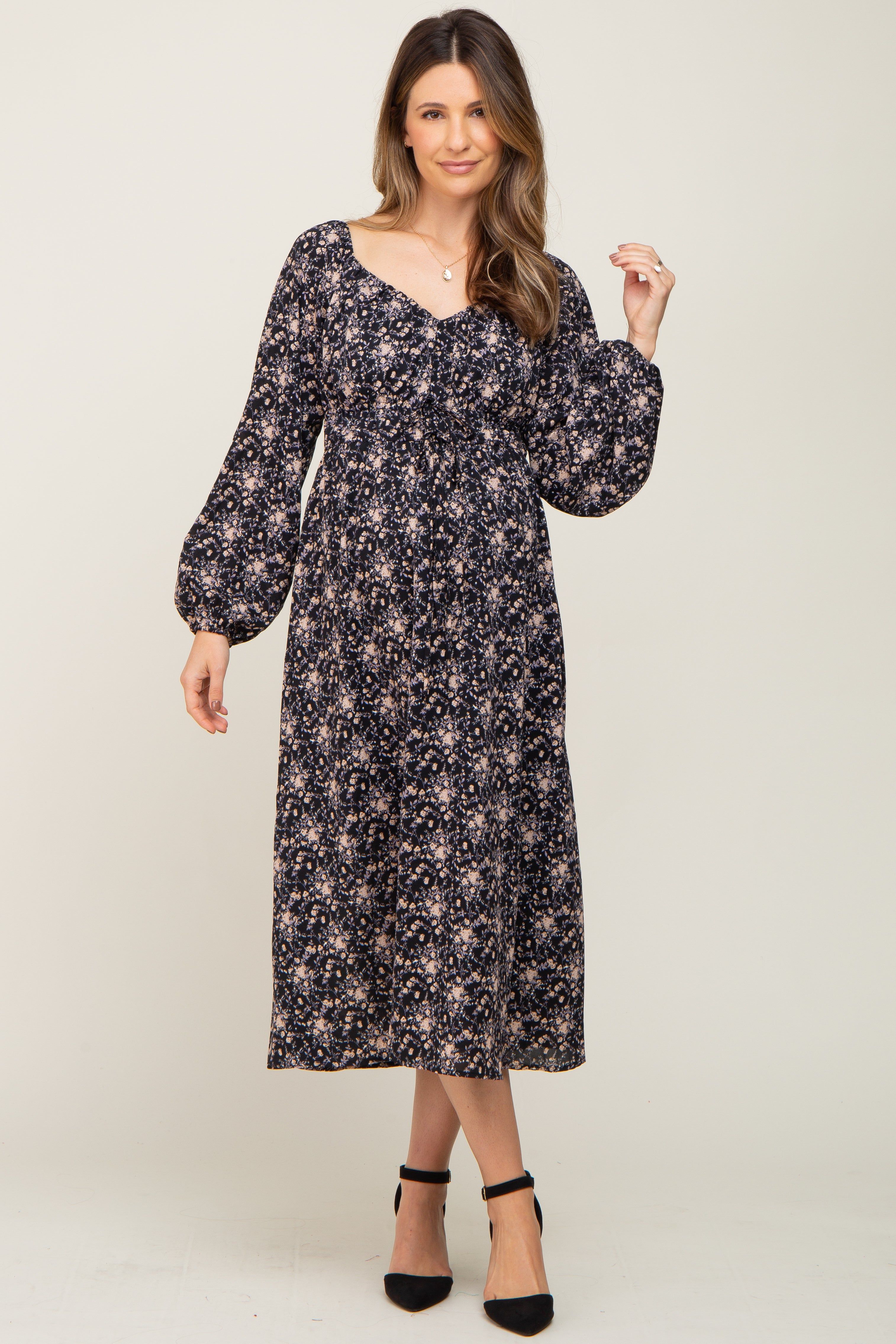 Black Cinched Tie Waist Maternity Midi Dress sold by Pinkblush