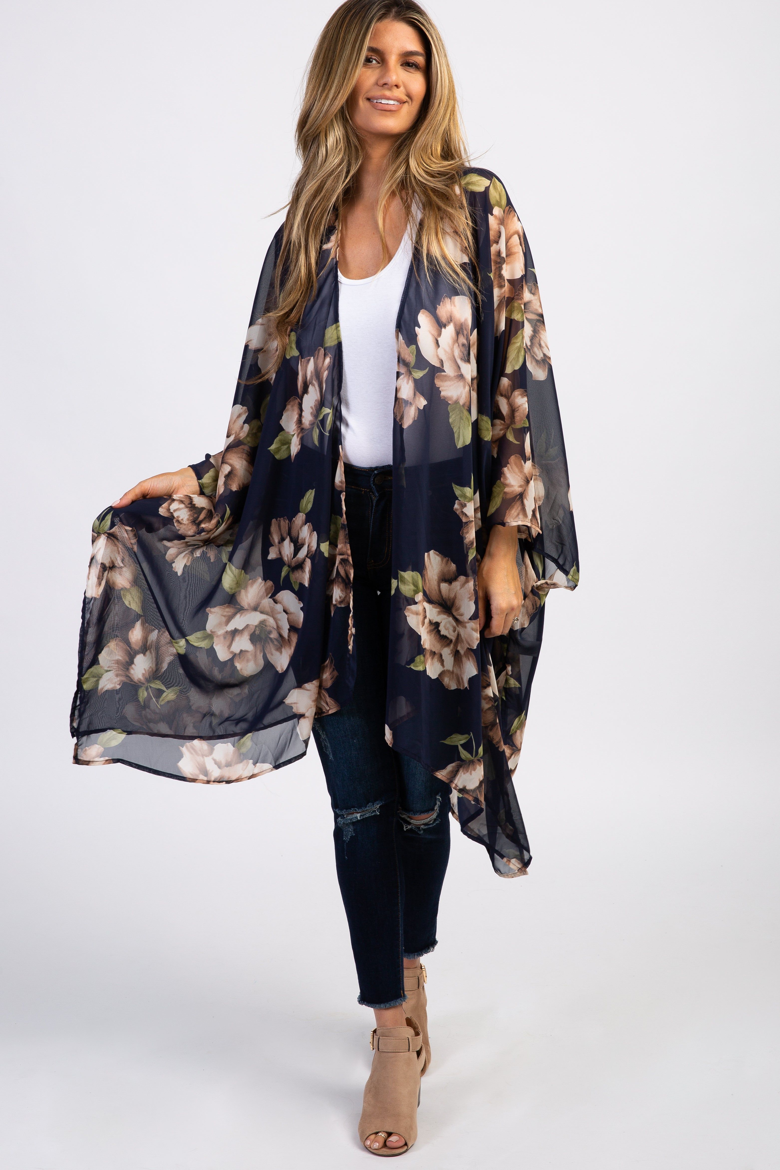 PinkBlush Navy Blue Floral Chiffon Draped Cover Up sold by Pinkblush