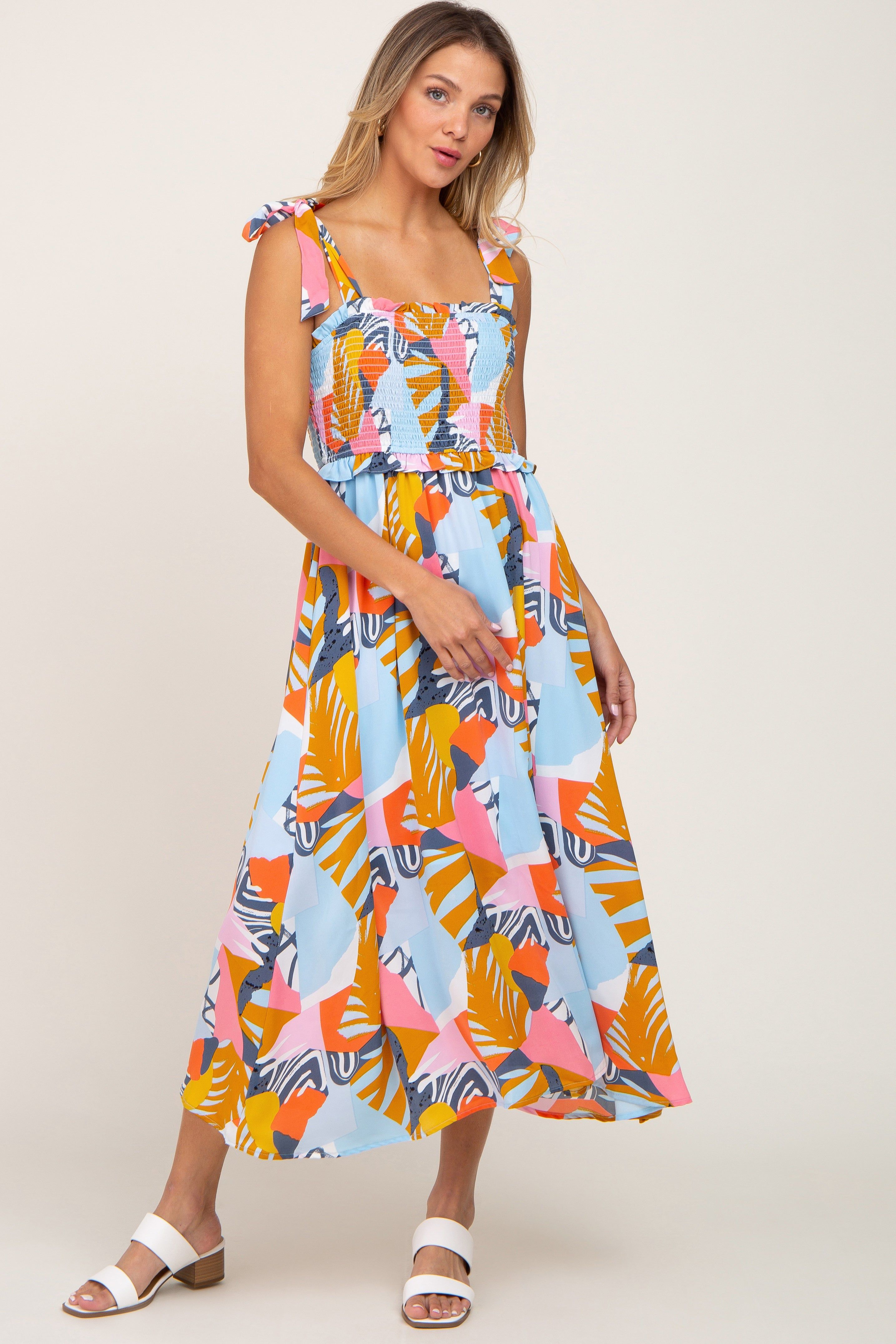 Yellow Multi-Colored Brush Stroke Printed Tie Strap Smocked Maternity Midi Dress sold by Pinkblush product image thumbnail 4