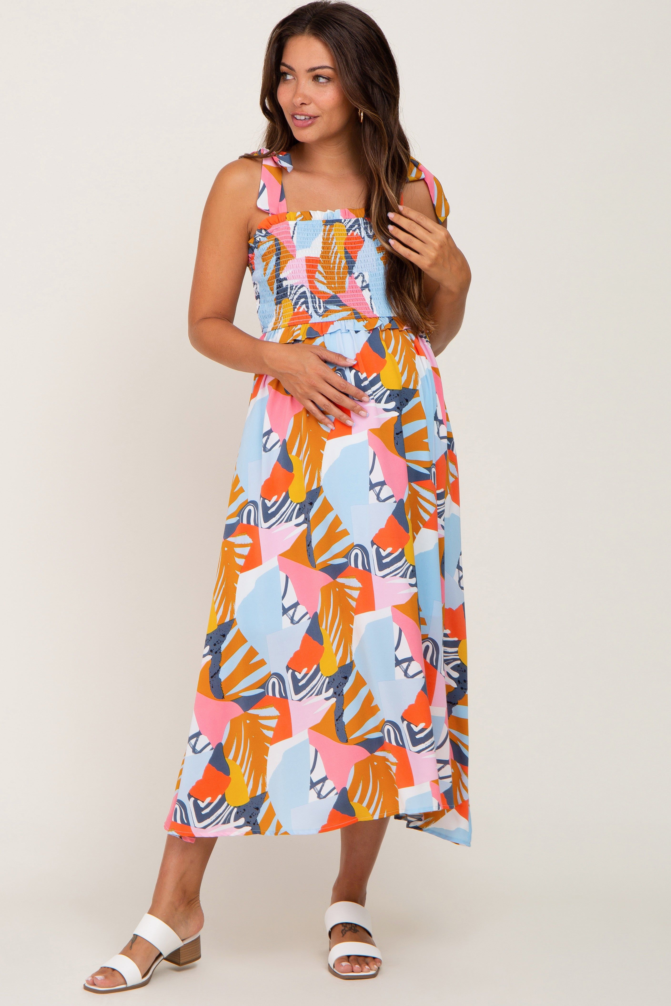 Yellow Multi-Colored Brush Stroke Printed Tie Strap Smocked Maternity Midi Dress sold by Pinkblush