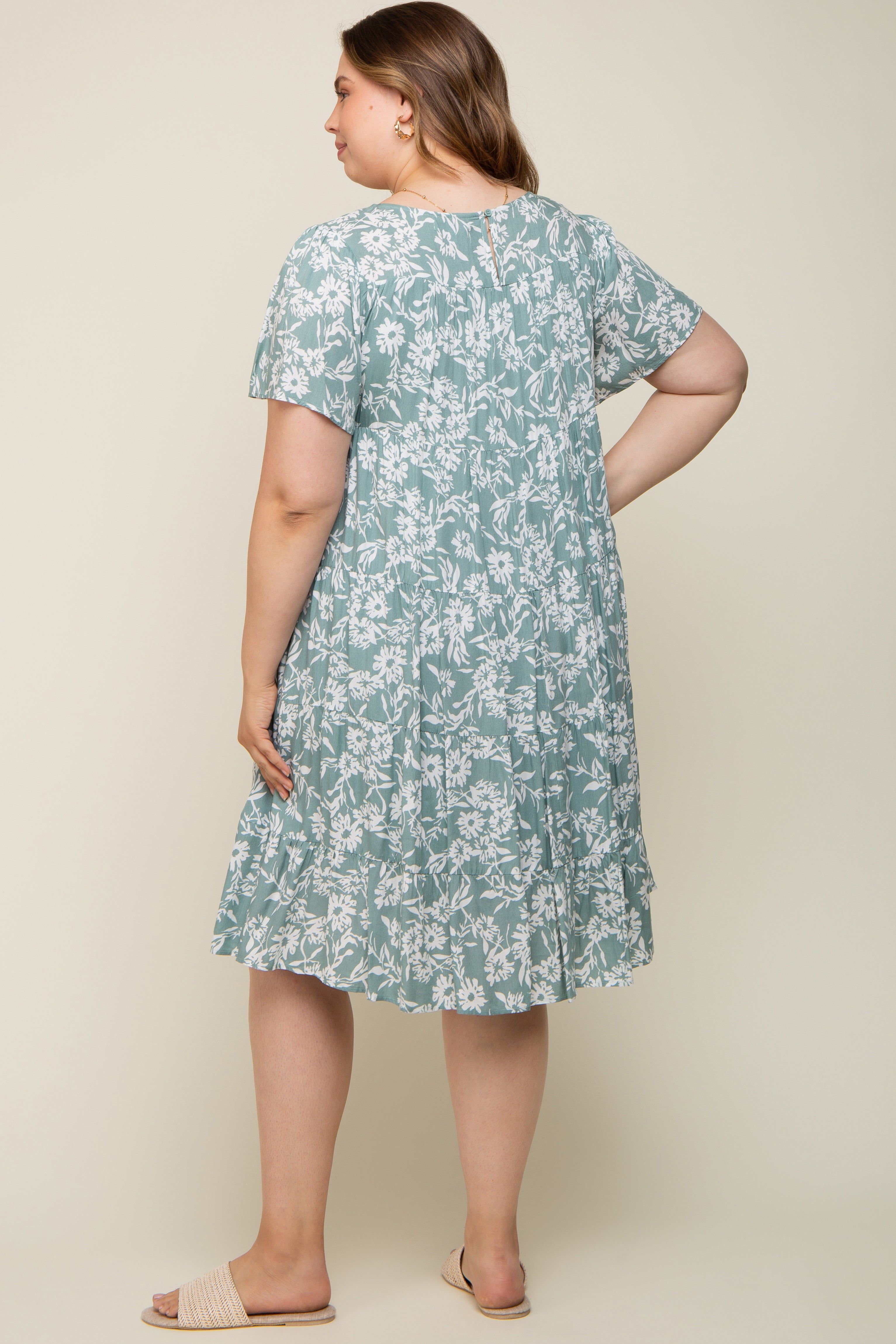 Mint Green Floral Tiered Short Sleeve Maternity Plus Midi Dress sold by Pinkblush product image thumbnail 3