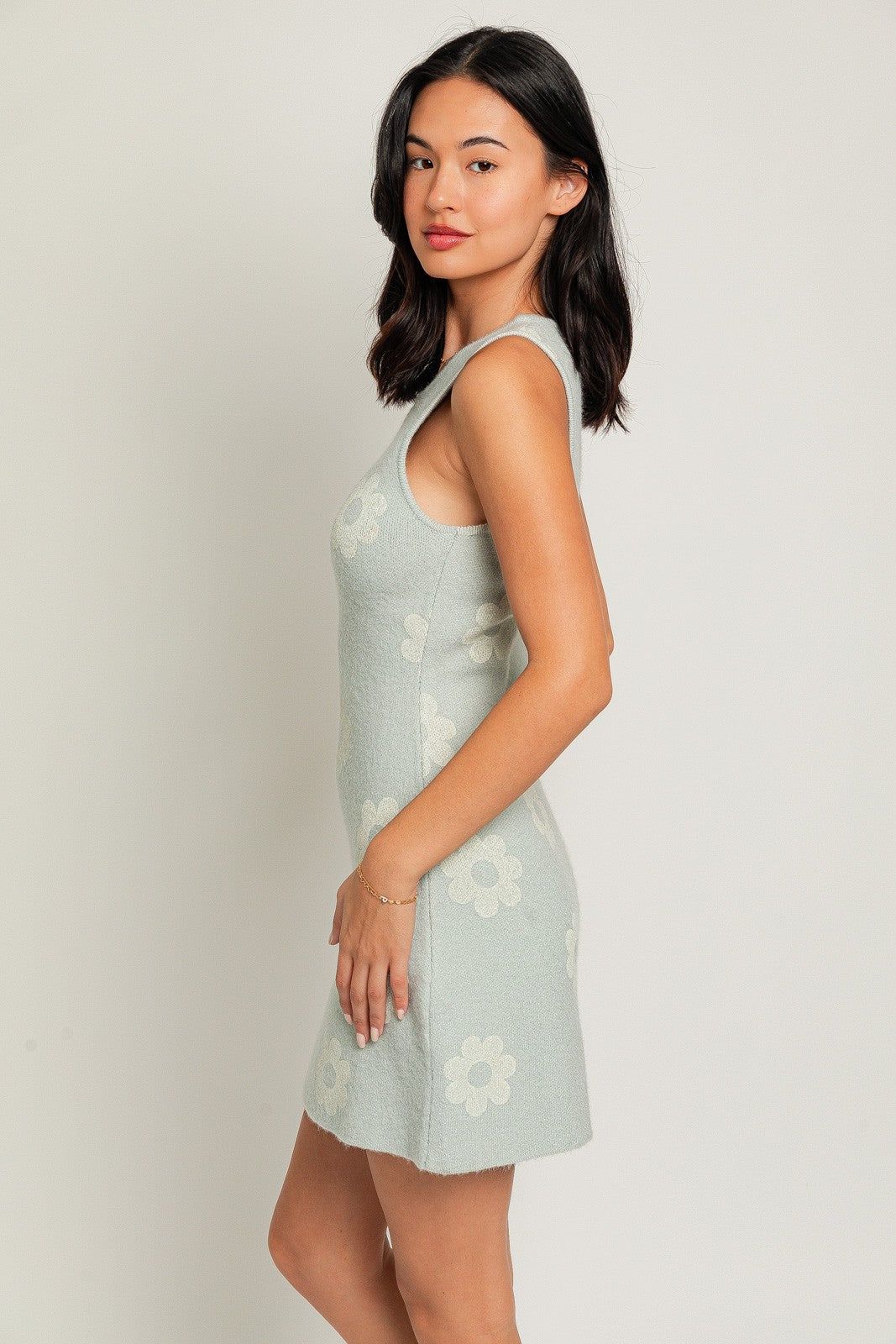 Light Blue Cream Floral Round Neck Floral Printed Sweater Mini Dress sold by Pinkblush product image thumbnail 2