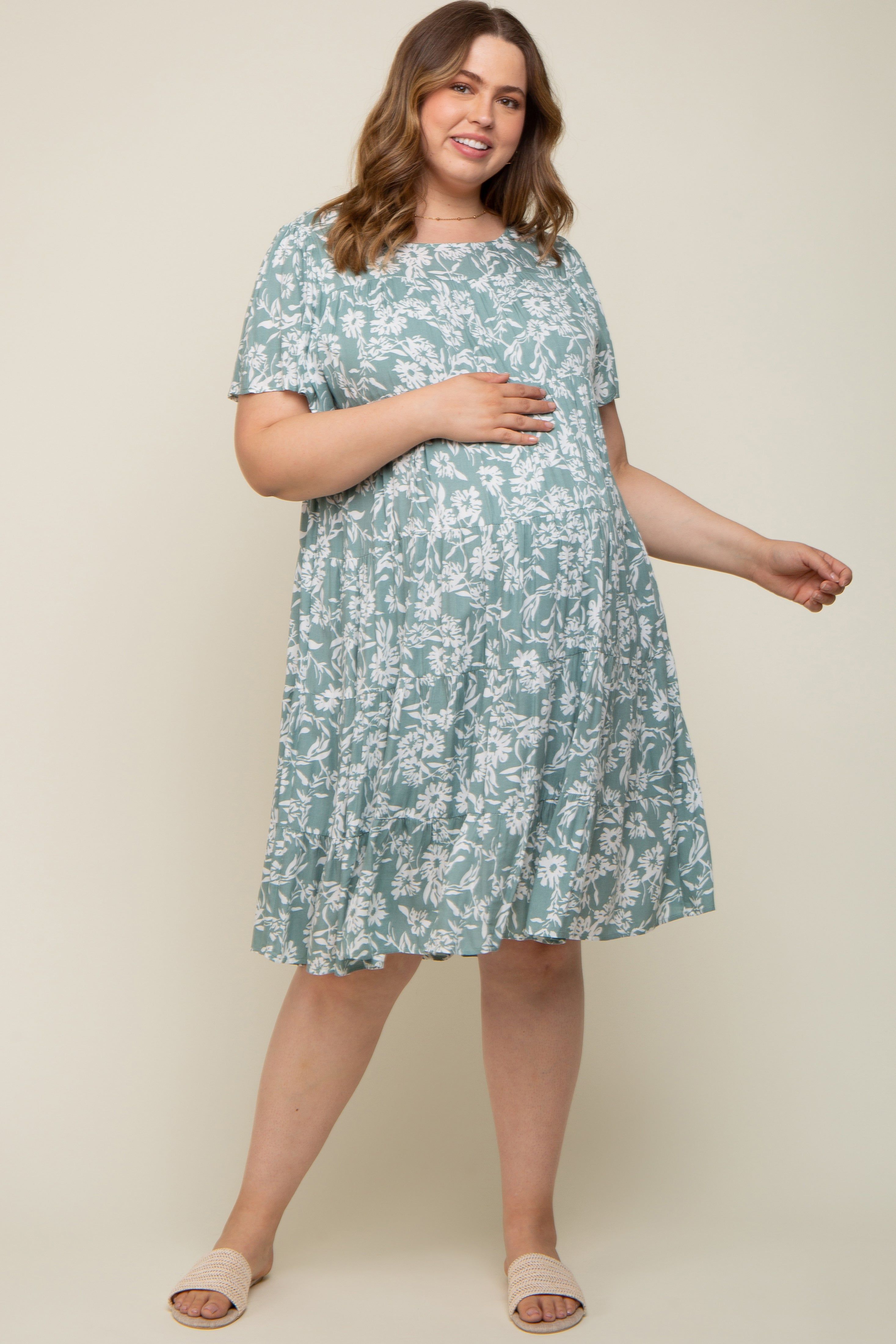 Mint Green Floral Tiered Short Sleeve Maternity Plus Midi Dress sold by Pinkblush product image thumbnail 4