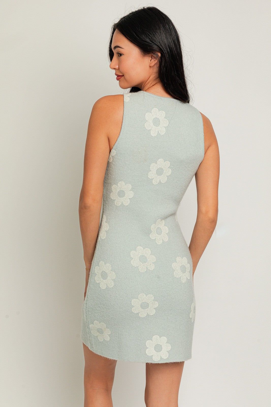 Light Blue Cream Floral Round Neck Floral Printed Sweater Mini Dress sold by Pinkblush product image thumbnail 3