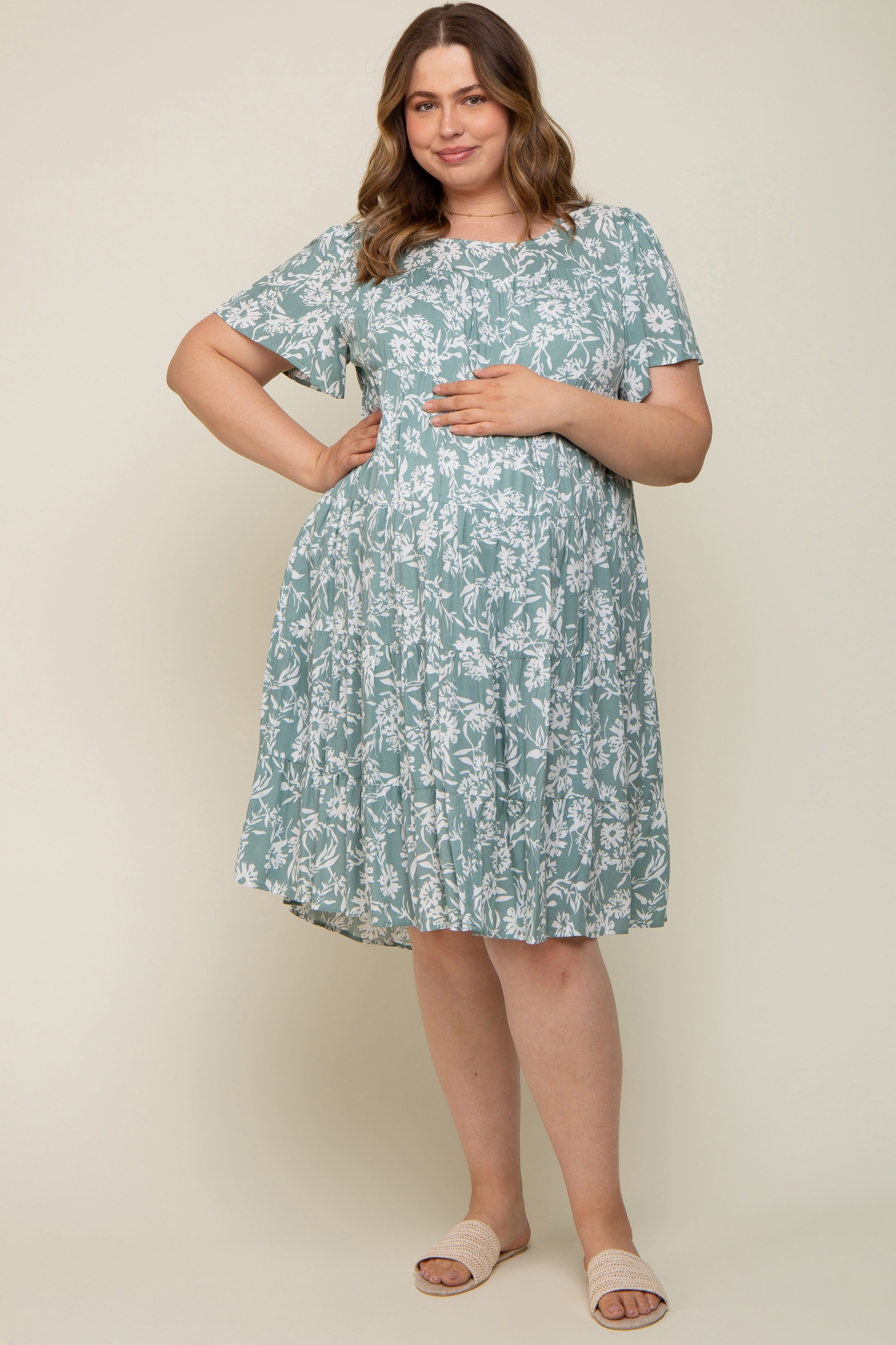 Mint Green Floral Tiered Short Sleeve Maternity Plus Midi Dress sold by Pinkblush