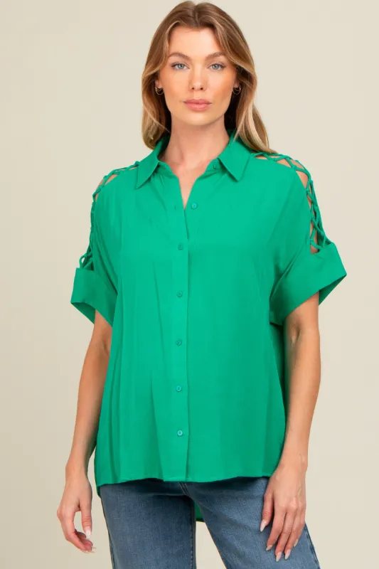 Green Button Down Lace-Up Shoulder Maternity Top sold by Pinkblush