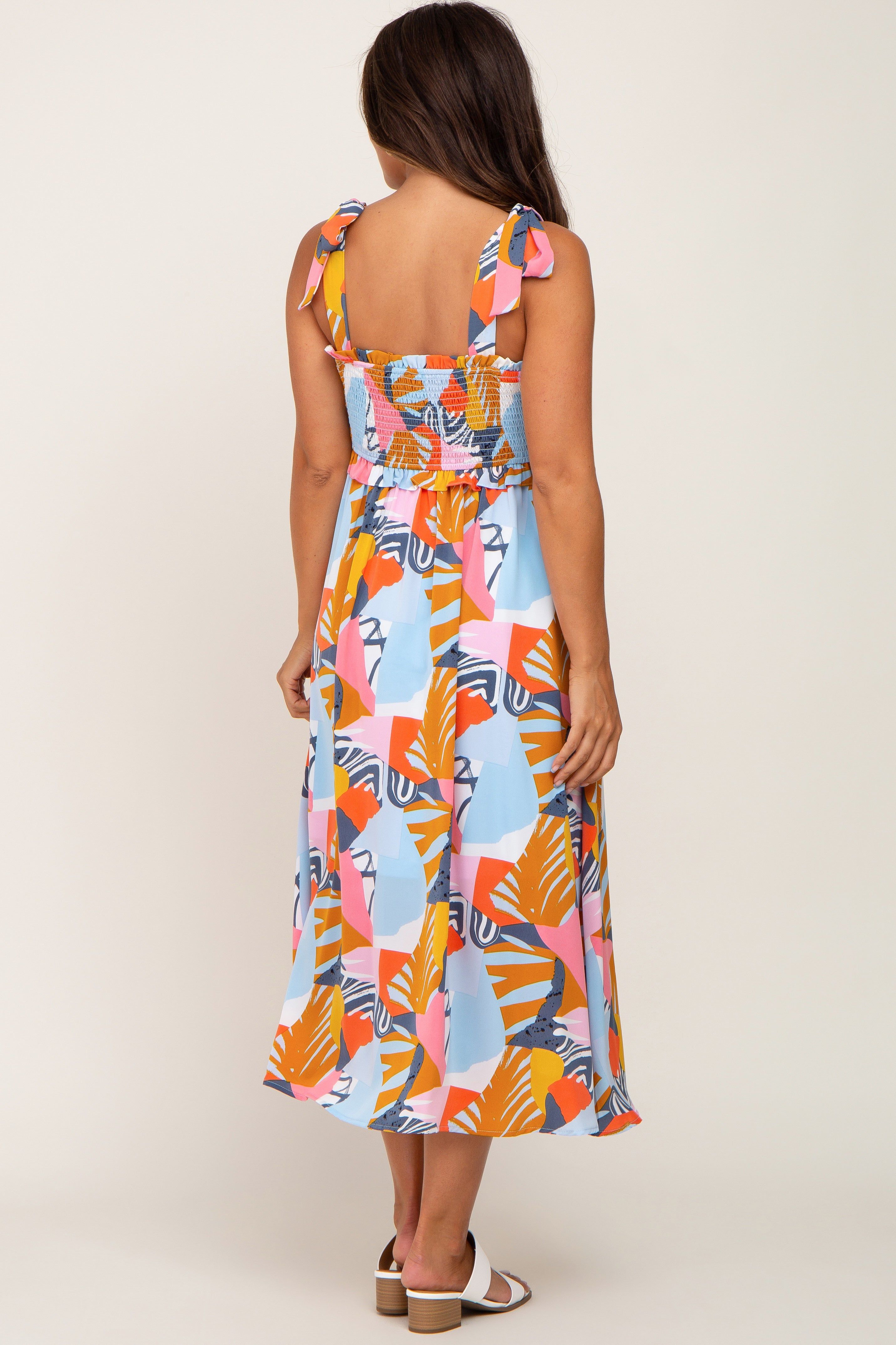 Yellow Multi-Colored Brush Stroke Printed Tie Strap Smocked Maternity Midi Dress sold by Pinkblush product image thumbnail 3