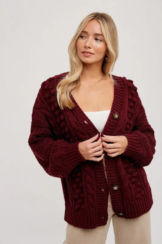 Burgundy Cable Knit Sweater Cardigan sold by Pinkblush
