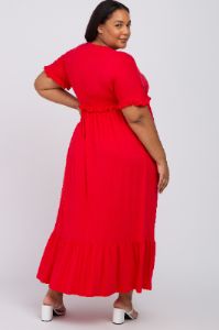 Red Solid Ruffle Maternity Plus Maxi Dress sold by Pinkblush