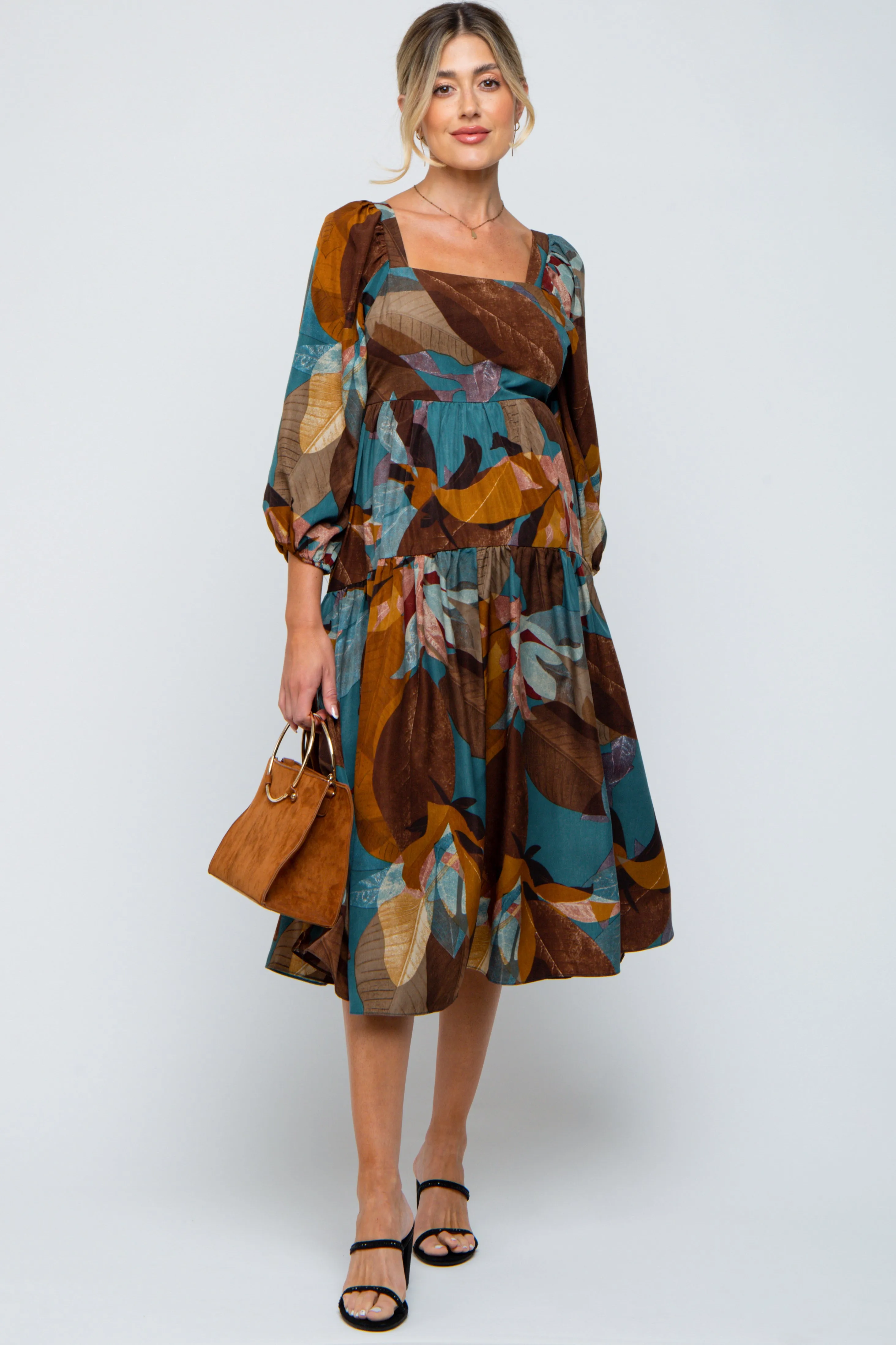Teal Leaf Print Square Neck Maternity Midi Dress sold by Pinkblush product image thumbnail 2