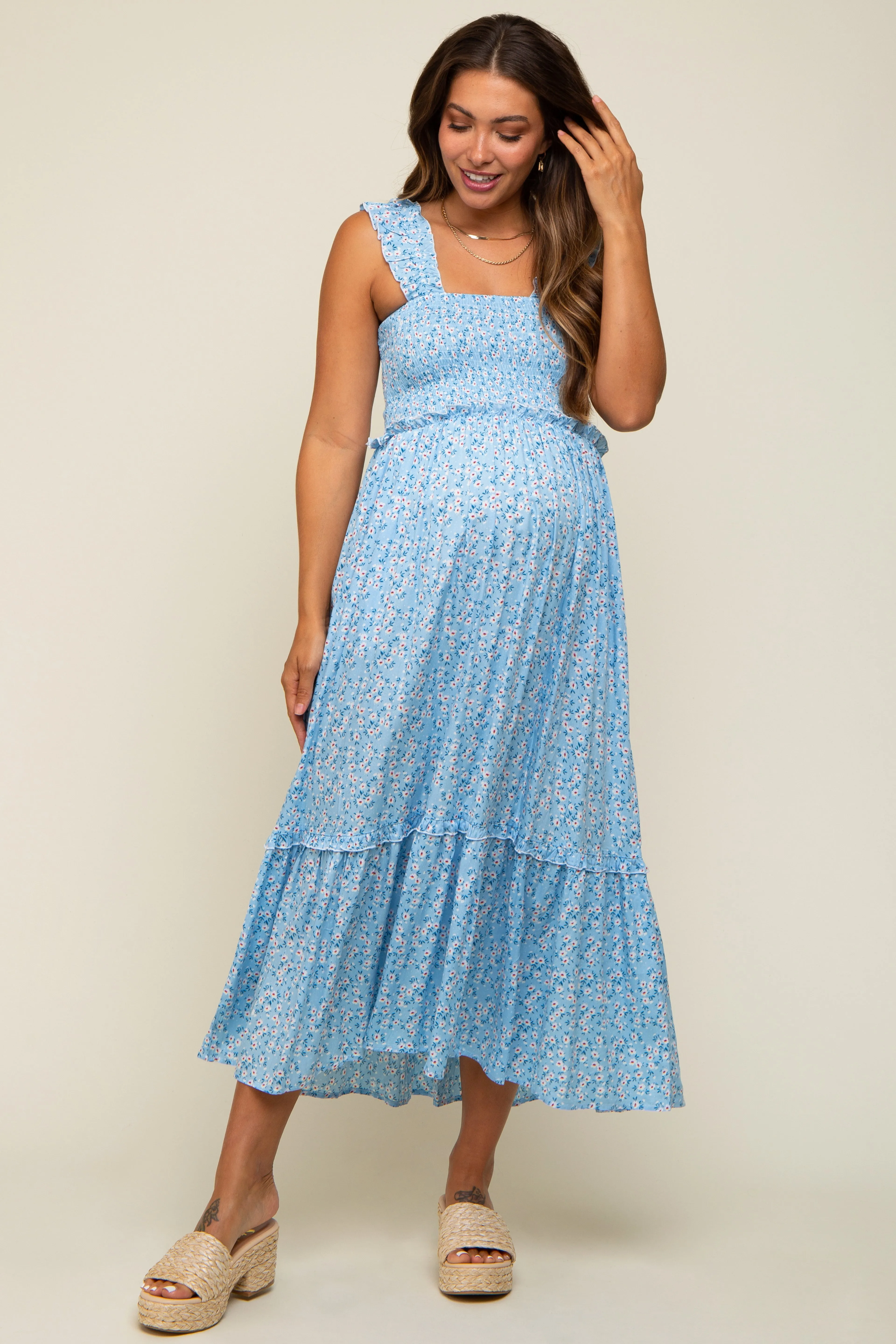 Light Blue Floral Sleeveless Smocked Ruffle Maternity Midi Dress sold by Pinkblush product image thumbnail 4