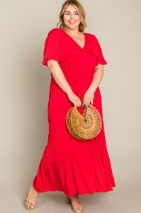Red Solid Ruffle Maternity Plus Maxi Dress sold by Pinkblush