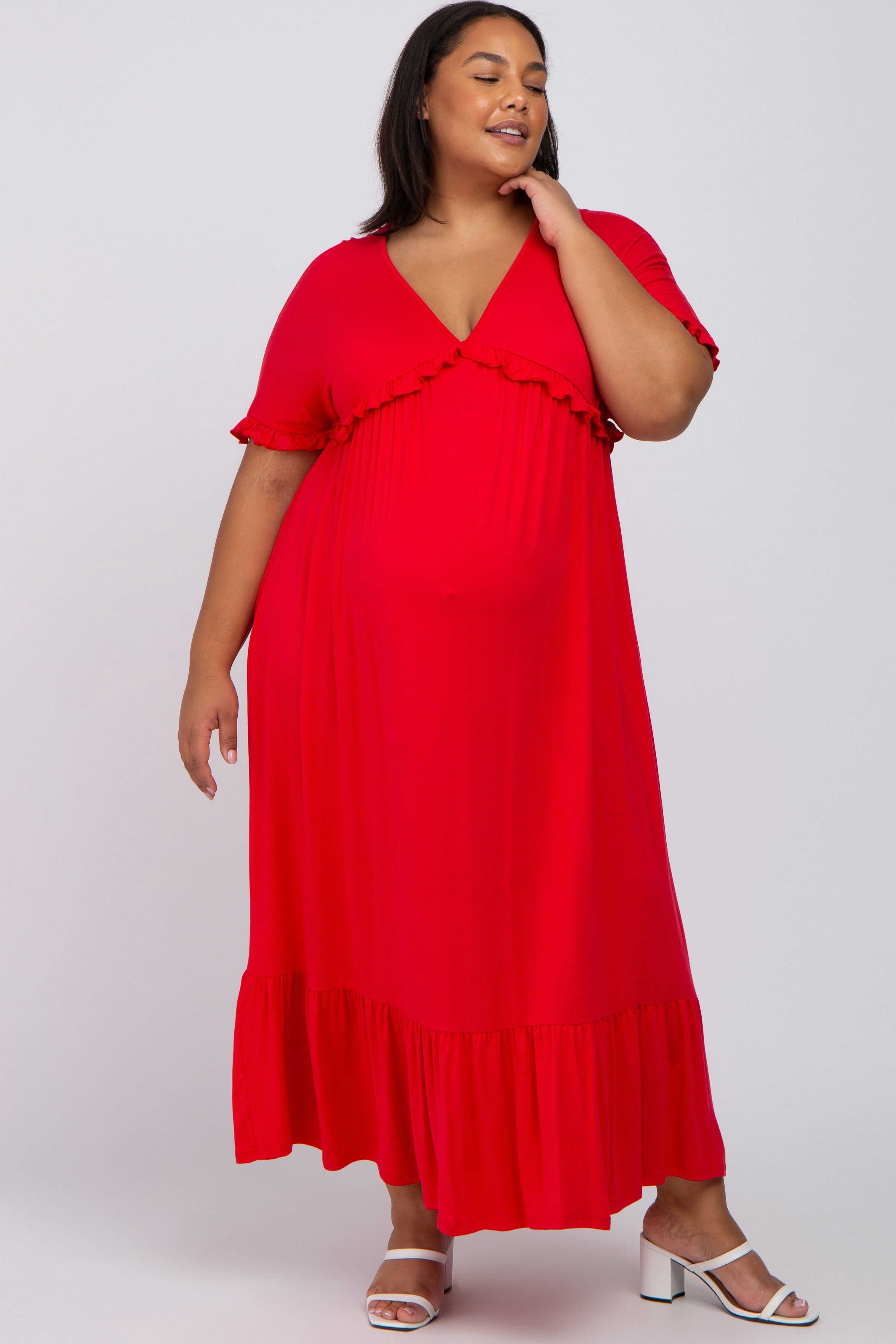 Red Solid Ruffle Maternity Plus Maxi Dress sold by Pinkblush