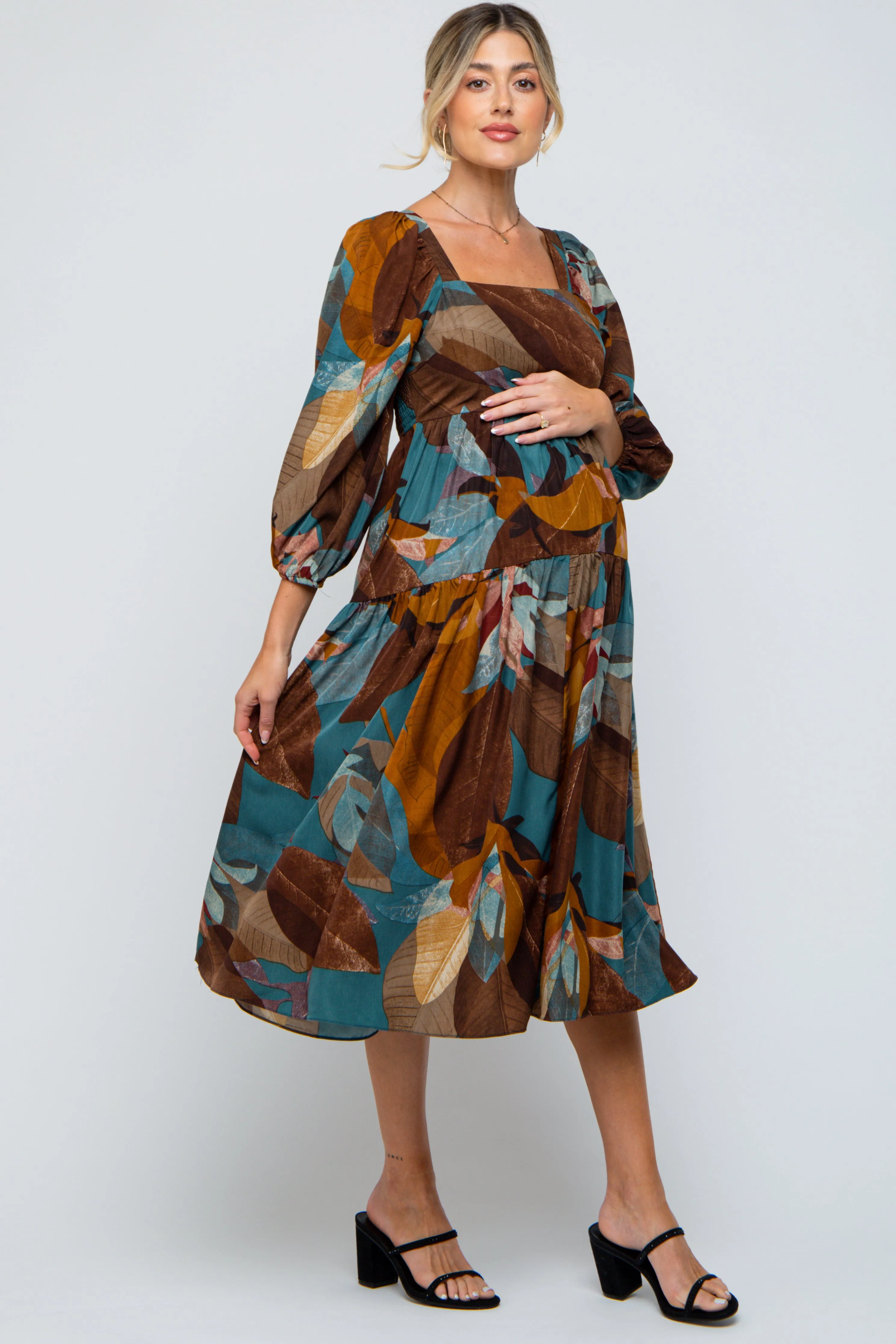 Teal Leaf Print Square Neck Maternity Midi Dress sold by Pinkblush product image thumbnail 3