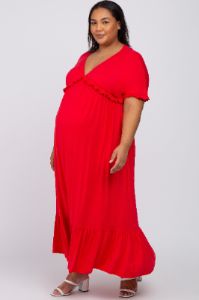 Red Solid Ruffle Maternity Plus Maxi Dress sold by Pinkblush